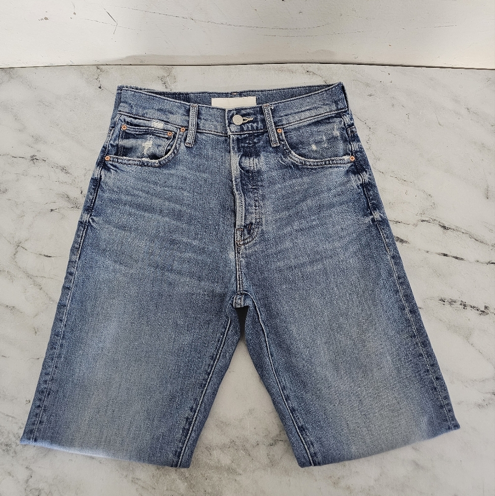 MOTHER High Waisted Hiker Hover High Rise Distressed Straight Leg Blue Jeans 25 - Picture 5 of 11